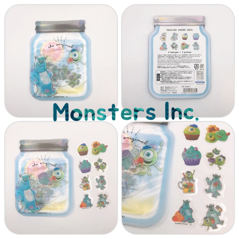 May include: A set of tracing paper stickers featuring characters from the movie Monsters Inc. The stickers are in a clear plastic jar with a blue lid. The stickers feature Mike Wazowski, Sulley, and other characters from the movie. The stickers are perfect for adding a touch of fun to your crafts and projects.