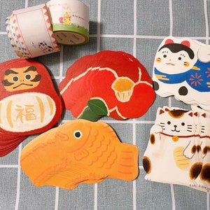 Papeterie japonaise kawaii, carte message porte-bonheur, carte de correspondance Maneki neko, mémo carte de correspondance Taiyaki, poupée daruma, , , ,