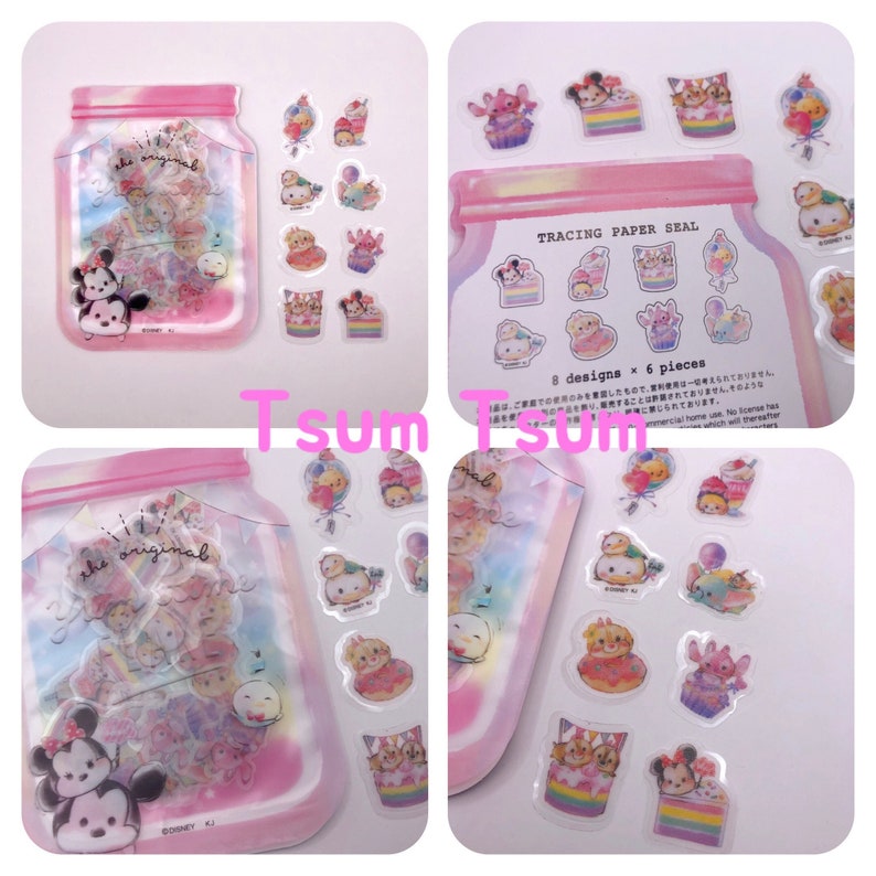 May include: A set of 48 clear tracing paper stickers featuring Disney Tsum Tsum characters. The stickers are packaged in a clear plastic jar with a pink lid. The jar has a pink and white background with a rainbow effect. The stickers feature various characters from the Tsum Tsum franchise, including Mickey Mouse, Minnie Mouse, and Stitch. The stickers are labeled "Tracing Paper Seal" and "8 designs x 6 pieces".