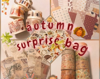100+ items autumn surprise bag, stickers grab bag, stationery goodies bag, ephemera paper kit, scrapbook, autumn bullet journal kit