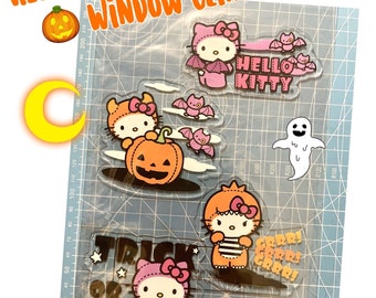 Gemmy Halloween window cling, Halloween Hello Kitty sticker, vintage holiday gel cling, Sanrio window sticker, spooky Kitty, glass decal