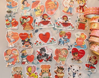 60s valentine card assortment sticker pack, junk journal, vintage kid valentines sticker, retro valentine greeting card, retro bear sticker