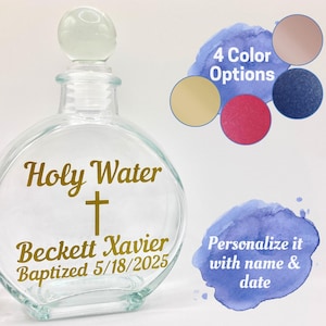 Personalized Custom Glass Holy Water Bottle Gift for Catholic Christian Baptism- Flat Round Metallic Lettering with Cross
