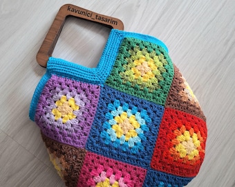 Handmade Crochet Granny Square Bag, Boho Patchwork Tote, Wooden Handle