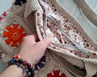 Handmade Granny Square Crochet Tote: Boho Cotton Shoulder Bag
