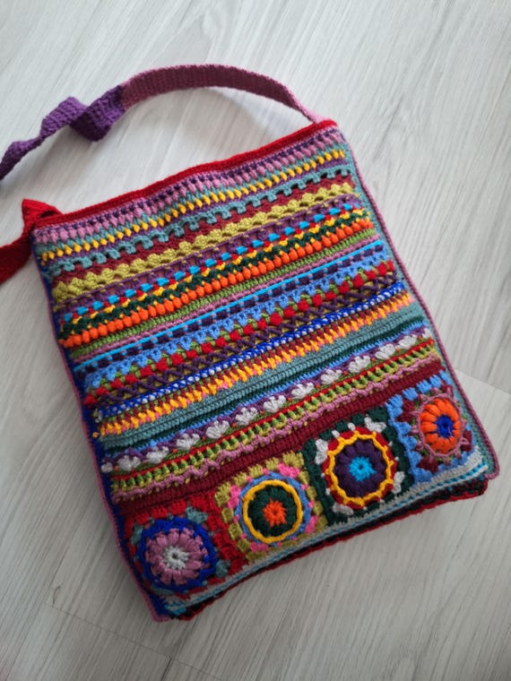 Handmade Boho Crochet Shoulder Bag: Colorful Cotton Hippie Tote