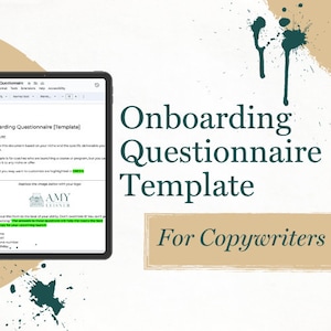 Pode incluir: Uma tela de tablet mostrando um modelo de questionário de integração para redatores. O modelo inclui uma seção para substituir uma imagem por um logotipo e uma seção para responder a perguntas sobre o negócio do redator.