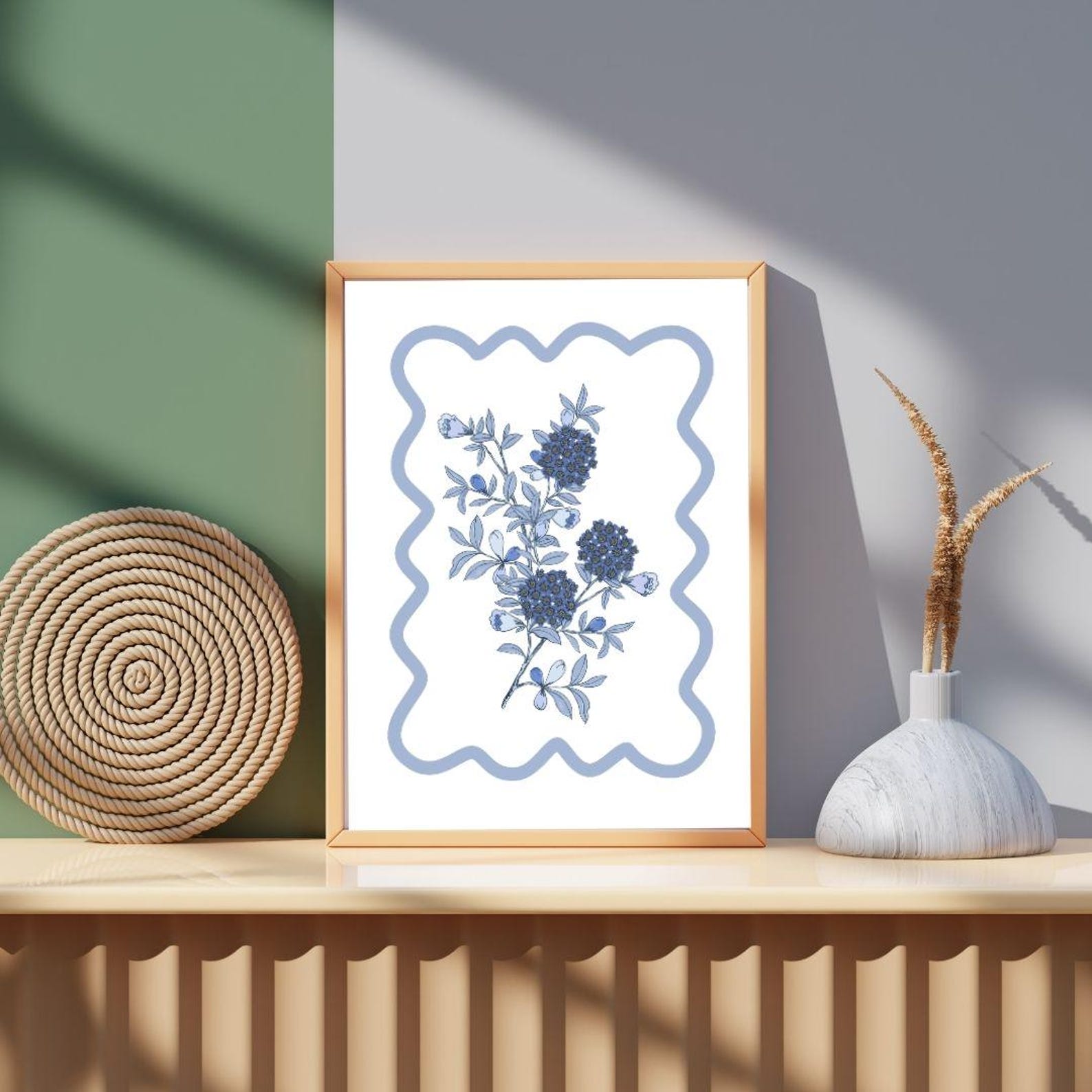 Chinoiserie Blue Flowers Watercolor Poster Decor