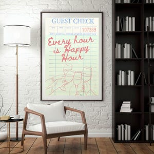 Happy Hour Guest Check Wall Art, Happy hour wall art, bar decor, happy hour art, Quirky bar cart wall art, Retro print, Funny kitchen decor
