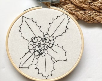 December Birth Flower 4” Embroidery Hoop - holly line art, minimalist floral design, floral embroidery, floral design