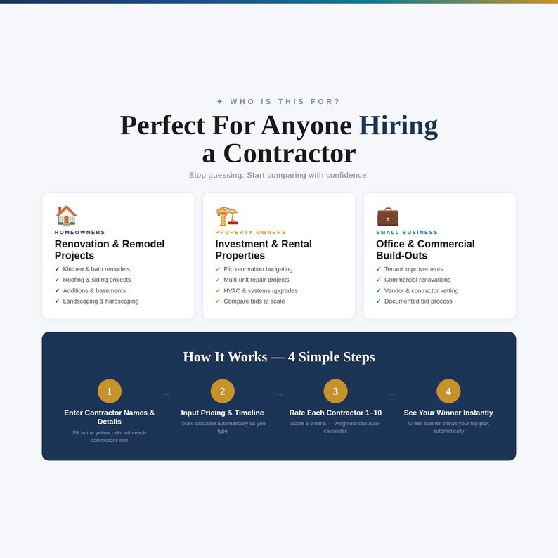 Contractor Bid Comparison Spreadsheet | Auto-scoring Template | Compare ...