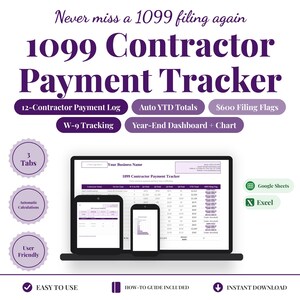 1099 Expense Tracker | 1099 Contractor Payment Tracker & 1099 Organizer Spreadsheet, Contractor Payment Log, Excel