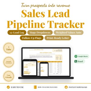 May include: A digital Sales Lead Pipeline Tracker spreadsheet template displayed on a laptop, tablet, and smartphone. Features include 12-lead logs, stage dropdowns, weighted values, follow-up flags, and print-ready letters for Google Sheets and Excel.