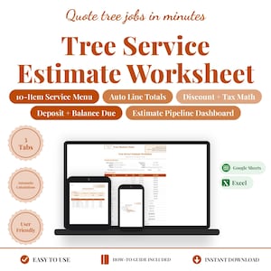 Könnte beinhalten: Eine digitale Vorlage für ein Baumdienst-Kostenvoranschlag-Arbeitsblatt, angezeigt auf einem Laptop, Tablet und Smartphone. Die Grafik enthält Text wie Quote tree jobs in minutes, 10-Item Service Menu, Auto Line Totals sowie Google Sheets- und Excel-Symbole.