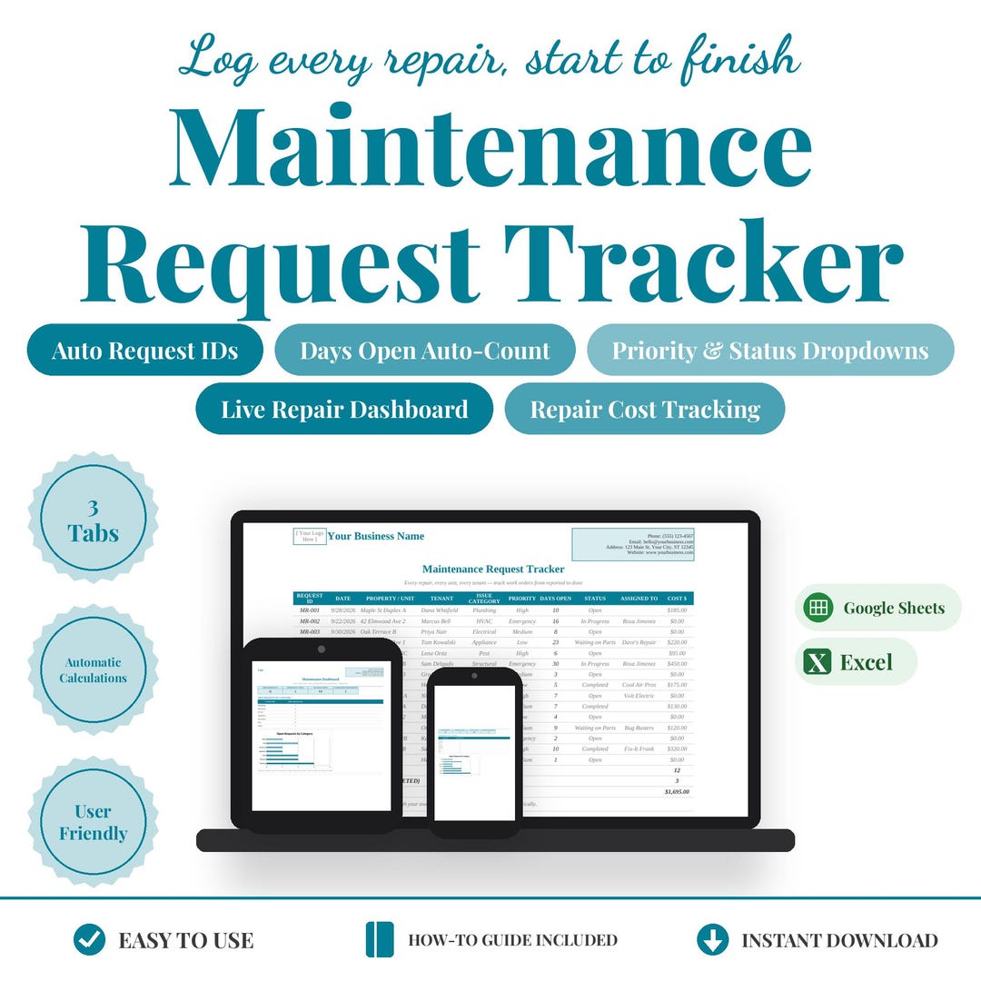 Maintenance Request Tracker Excel | Property Work Order Log | Landlord ...