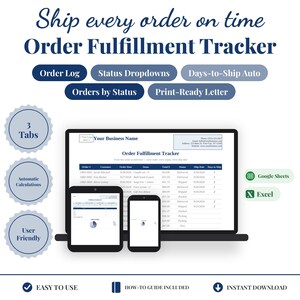 Op de afbeelding: Een digitaal sjabloon voor orderverwerking voor Google Sheets en Excel. Het scherm toont een laptop, tablet en smartphone met een spreadsheet-interface, met kolommen voor ordernummers, klantnamen, datums en de huidige status.
