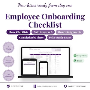 Lista di controllo per l'inserimento dei dipendenti, modello di onboarding per i nuovi assunti, lista di controllo HR in Excel, strumento di monitoraggio della formazione dei dipendenti, piano di onboarding per piccole imprese