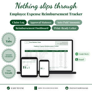 Employee Expense Reimbursement Tracker | Expense Claim Form Spreadsheet | Business Expense Report Template | Receipt Tracker