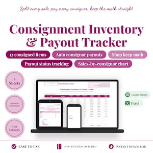 Op de afbeelding: Een digitaal Consignment Inventory & Payout Tracker spreadsheet-sjabloon voor Google Sheets en Excel. De afbeelding toont een laptop, tablet en smartphone met de tracker-interface, inclusief labels voor functies zoals 12 geconsolideerde items, automatische uitbetalingen en verkoopgrafieken.