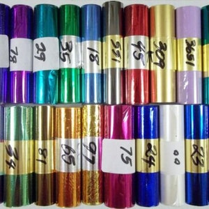 Rollos de láminas para estampación en caliente - Paquete de muestra de 20 rollos - Cada uno de 3" x 10' - Elija entre 70 colores - Envío GRATIS - Funciona en máquinas de estampación en cuero