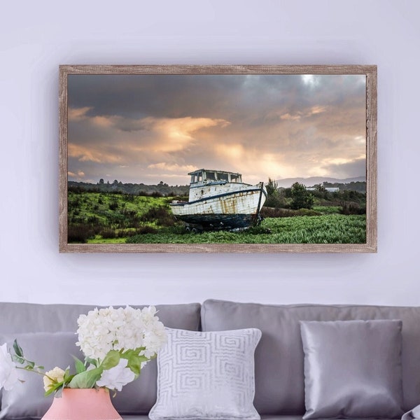 FRAME TV 'Boat Outta Water'. Landscape Art to download | Nautical | Scenic Photography | Home Decor | Rusty Boat | Samsung Frame Tv 4K