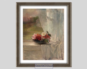 Flowers on a Window Ledge Antique Art Download. EXTENDED Frame SIZE OPTIONS for Home Decor, Wall Art, Framing. Instant Classic Art on Demand
