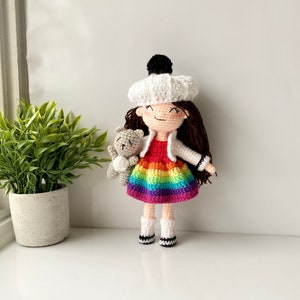 Amigurumi Rainbow girl crochet doll, Rainbow girl doll with little teddy, Cute rainbow toy doll for girls, Gift for kids.
