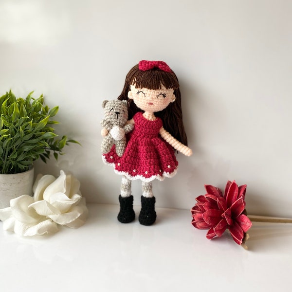 Amigurumi little red Christmas girl doll, Crochet Santa Christmas girl doll, Cute toy doll for girls, Gift for kids.
