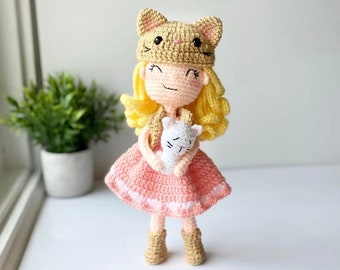 Amigurumi kitty cat girl crochet doll pattern, (PDF) Cat girl pattern in English, Crochet cat girl pattern.