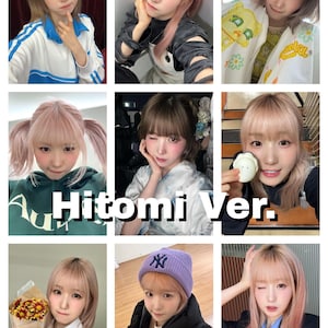 Könnte beinhalten: Eine Collage aus neun Bildern, die eine junge Frau mit rosa Haaren in verschiedenen Outfits und Posen zeigen. Der Text "Hitomi Ver." ist über das Bild gelegt.