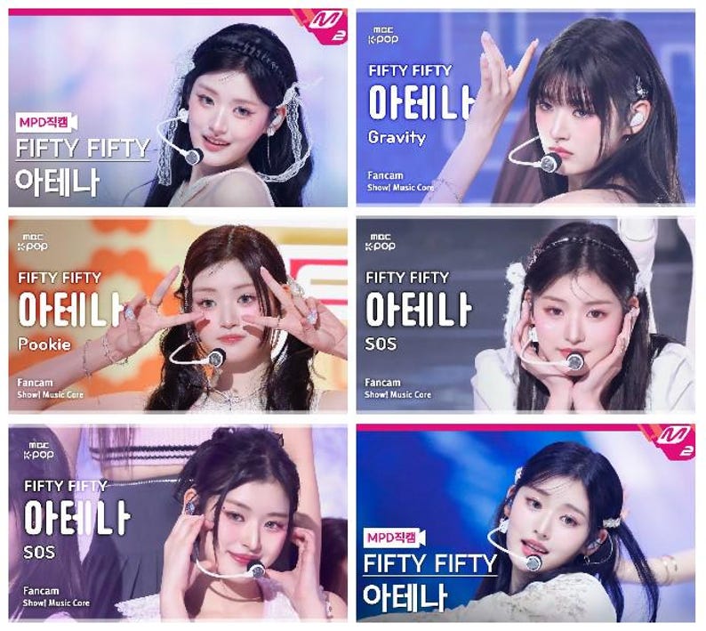 May include: A collage of six images featuring the K-pop group FIFTY FIFTY. Each image has a different member with the text "FIFTY FIFTY" and "아테나" in Korean. The images also include the song titles "Gravity", "Pookie", and "SOS".