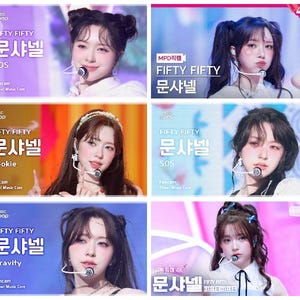 May include: A collage of six images featuring members of the K-pop group FIFTY FIFTY. Each image displays a different member with text overlays including the group's name in Korean and English, along with song titles like "SOS" and "Gravity". The backgrounds are various shades of purple and pink.