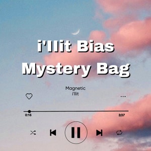 May include: A pink and blue sky with a crescent moon. The text "i'llit Bias Mystery Bag" is displayed in bold, black letters. Below the text is a music player with the title "Magnetic i'llit" and the time 0:16 and 3:37.
