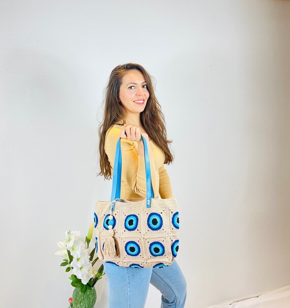 White Blue Crochet Bag / Granny Square Bag / Knitted Women -  Finland
