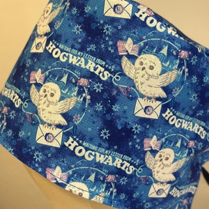 May include: Blue fabric with a white owl and the text "Waiting for my letter from Hogwarts" repeated. The fabric has a blue and white starry background.