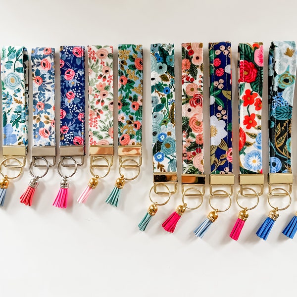 Rifle Paper Co Fabric Floral Keychain/Key Fob/Key Wristlet with Gold or Silver Hardware & Tassel - Gift for her, Teacher Gift, Birthday