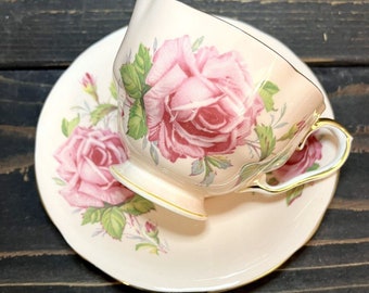 Aynsley Peachy Pink Cabbage Rose Teacup Cup & Saucer Bone China Made In England