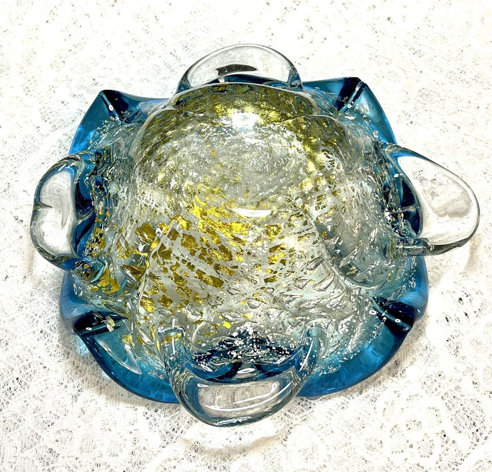 Vintage Turquoise and Gold Chunky Art Glass Bowl 7” Hand