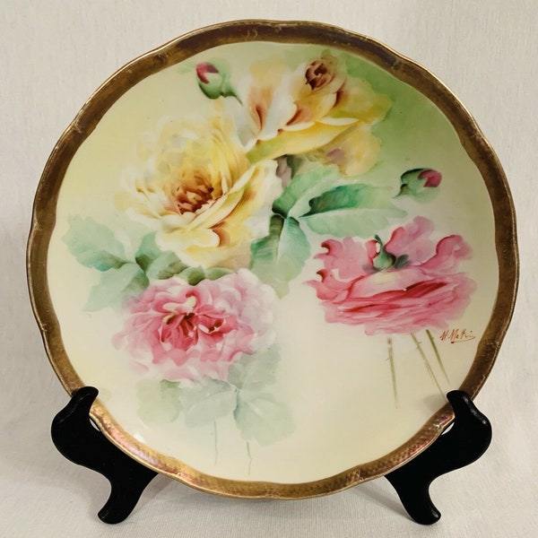 Vintage Ginori Italy 8 1/2" Decorative Plate Hand Painted Pink Yellow Roses