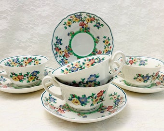 Wedgwood Richborough Tea Cup And Saucer Set Of 4 Vibrant Flowers & Trees Vintage.