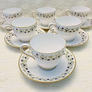 Spode Filigree Y-8145 Teacup Set Of 6 Made in England Cup & Saucer Blue Flowers.