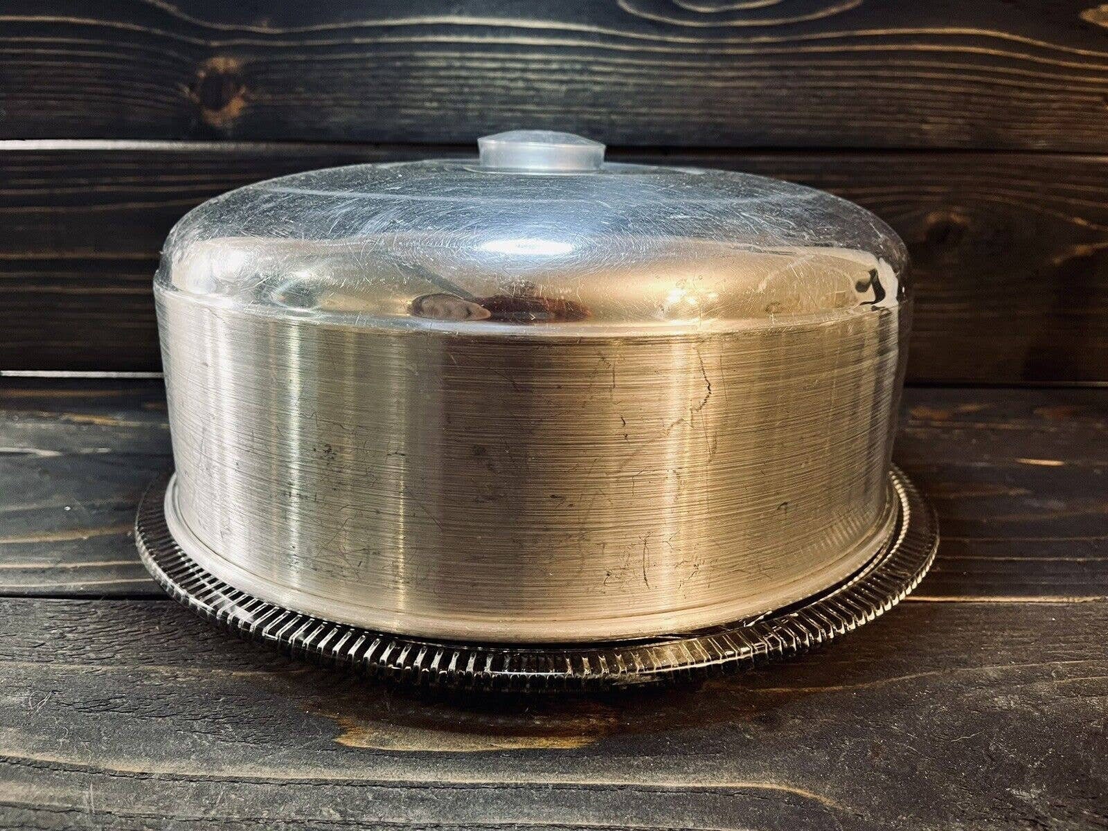 Vintage Aluminum Cake Cover With Pretty Pressed Glass Cake Plate
