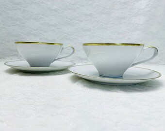 Johann Haviland Bavaria Germany Mid-Century Teacup Saucer White Gold Set Of 2.