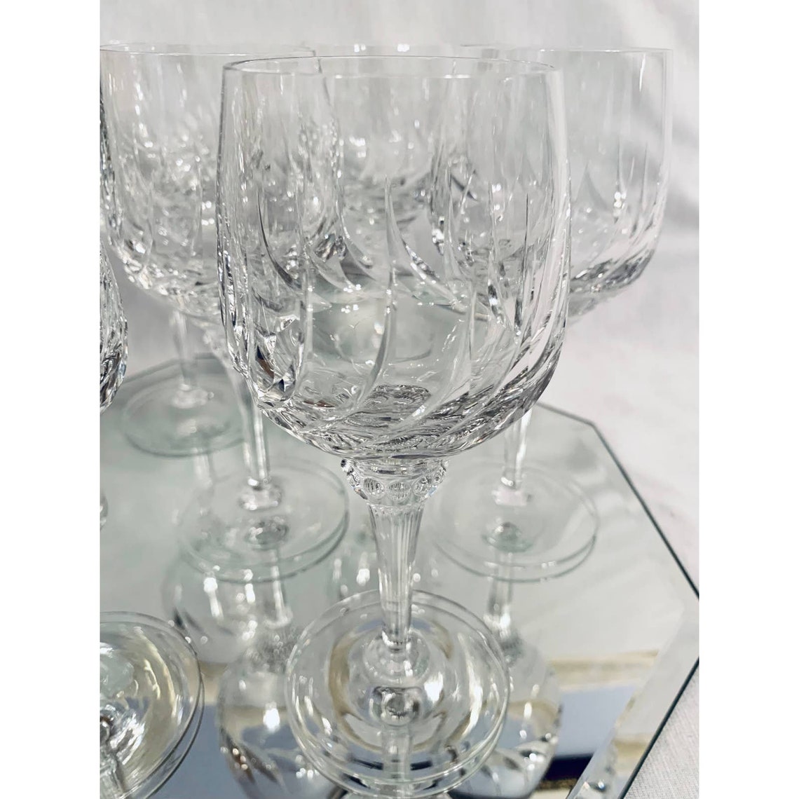 Crystal Swirl Cut Wine Glass Set of 7 Unique Decorative Stem Etsy