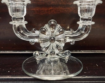 Vintage Glass Double Light Candlestick Holder with Flower Center 5 1/2”