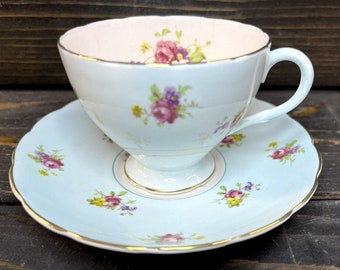 Vintage Foley Bone China Teacup & Saucer V2116 Blue with Petite Flowers England