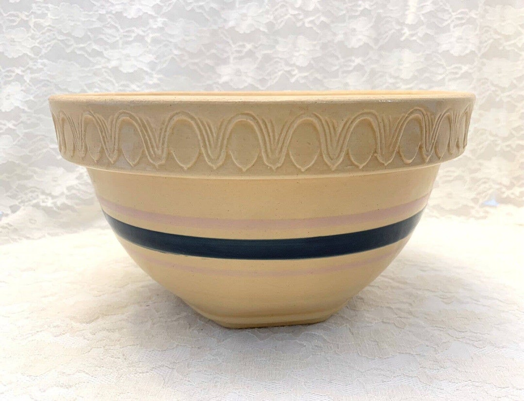 Over and Back Yellow Ware Mixing Bowl Ochre With Navy and Pink Etsy