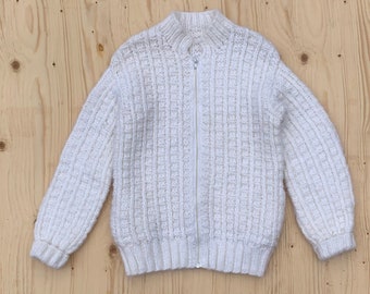 Hand Knit Zip Up Cardigan / Soft White Knitted Sweater Cardigan