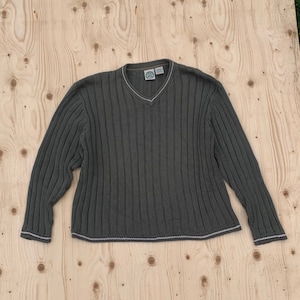 Vintage Sears 90s Style Sweater / Olive Green Ribbed V Neck Pullover Sweater