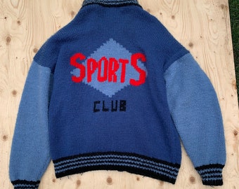 Vintage Hand Knit Cardigan / Vintage Sports Club Knit Zip Cardigan / Hand Made Sweater